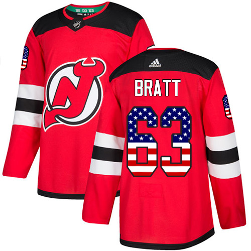 Adidas Devils #63 Jesper Bratt Red Home Authentic USA Flag Stitched NHL Jersey